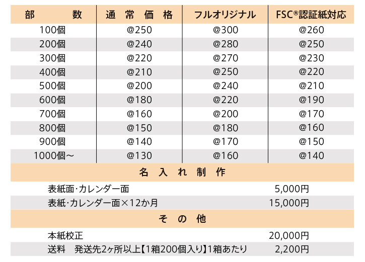 卓上カレンダー 価格表