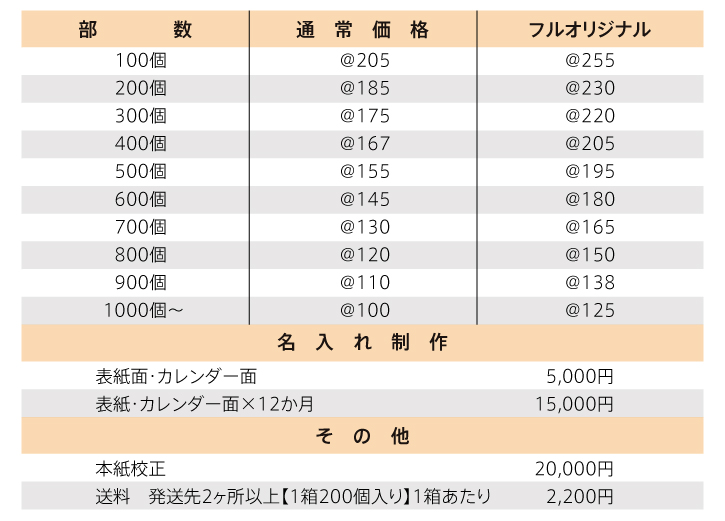 100円卓上カレンダー 価格表